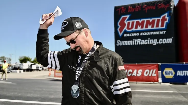 Lee Hartman celebrating his first NHRA win