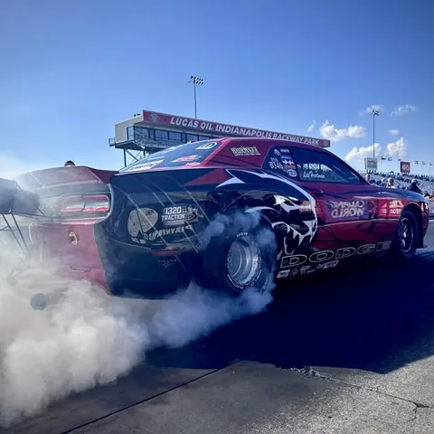 A Challenger Drag Pak doing a burnout at Indianapolis